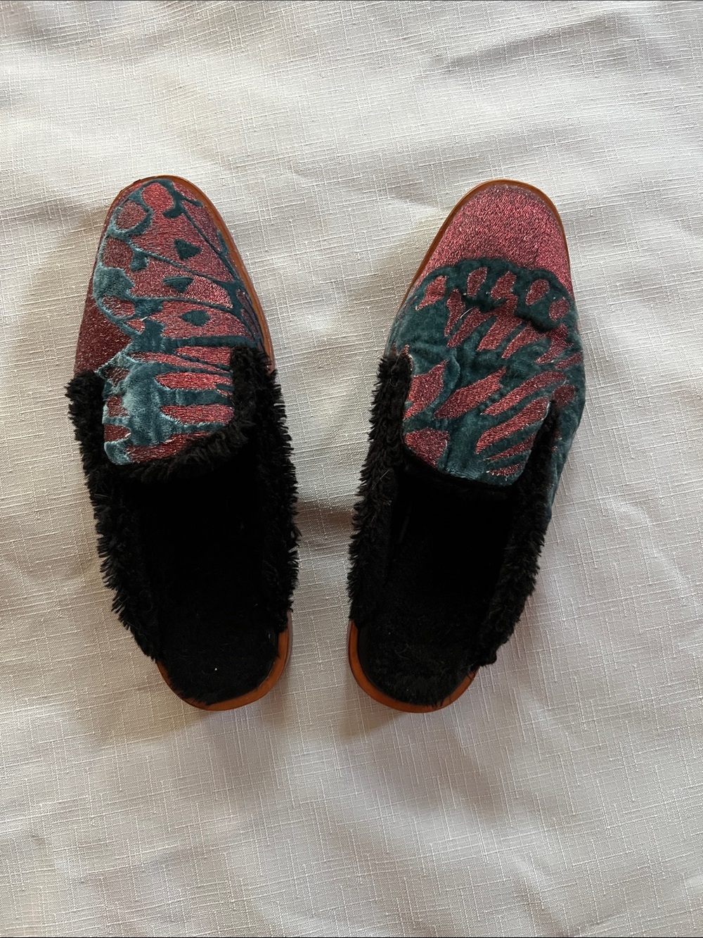 Free People black and wine Velvet Faux-Fur Lined Mules